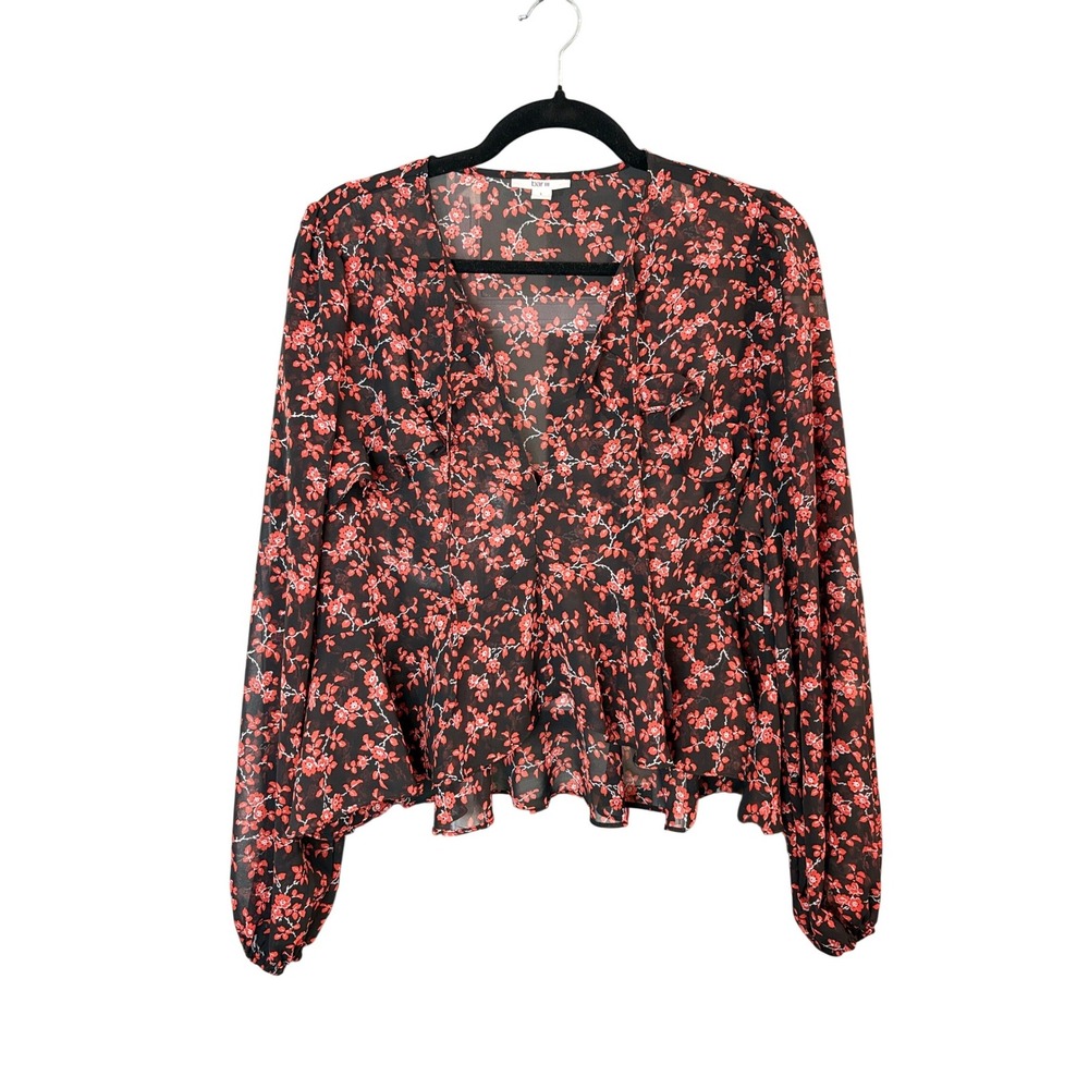 Bar III Black Red Floral Peplum Blouse Womens Large Ruffle V-Neck Tie Chiffon